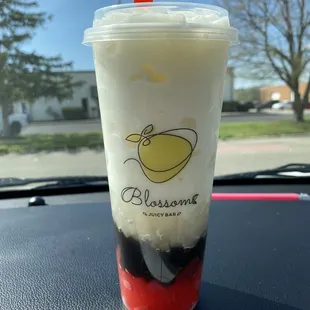 Coconut Smoothie with tapioca boba, coconut jelly and strawberry jelly