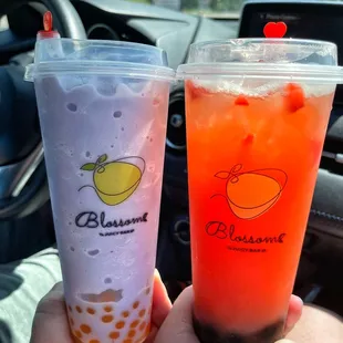 Taro Smoothie with mango popping boba. Strawberry Fruit Tea with regular boba.
