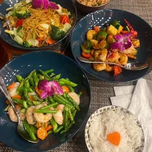 Veggie Chow Mein, Asparagus &amp; Shrimp, and Kung Pao Shrimp