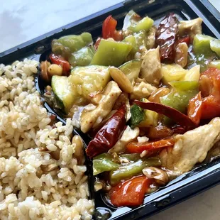 Delicious Kung Pao Chicken ~ lunch special (takeout) that&apos;s  served with rice and egg roll