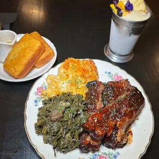 BBQ Rib dinner with our Classic Mac &amp; Cheese Collard Greens, Cornbread and a &quot;Grandma&apos;s Colada&quot;
