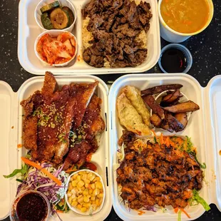 Takeout. Beef Curry ($10.50), Crispy Chicken Rice ($10.50), Pork Bulgogi Bibimbap ($10.20). Each came with two sides.