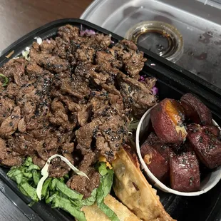 Beef Bibimbap w/ dumplings &amp; sweet potatoes