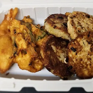 Shrimp &amp; vegetable tempura, hash, ahi tofu patty...