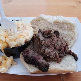 Sample of brisket and smoked mac n cheese.