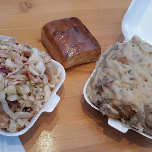 Spicey coleslaw, cornbread cake and smashed red potatoes