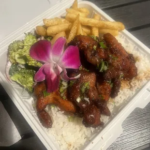 Hawaiian General Tao's with broccoli salad and fries