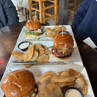 Carolina bison burger,  southern fried chicken sandwich, and grilled tuna sandwich