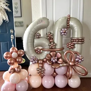 Double digit balloon bouquet with flower stack