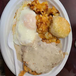 Chicken Fried Steak Breakfast-deceptive because the 3 eggs are stacked on top of each other