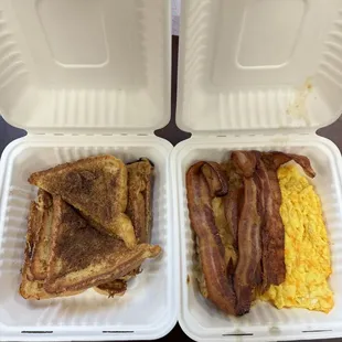 French toast platter (with scrambled cheese eggs, bacon, and home fries)