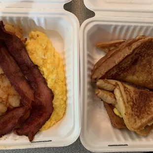 French toast, eggs and bacon with home fries