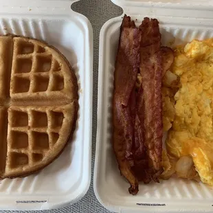 Waffle, bacon, eggs and potatoes