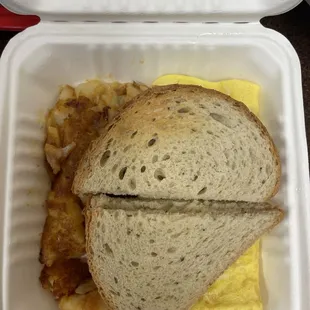 Western omlette without mushrooms (rye bread and home fries)