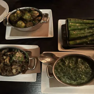 Brussels Sprouts, Grilled Asparagus, Hen-of-the Woods Mushrooms &amp; Creamed Spinach