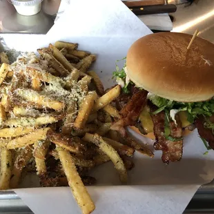 Bacon cheeseburger with Parmesan truffle fries. It tasted as good as it looks!!!