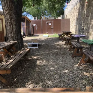 a row of picnic tables