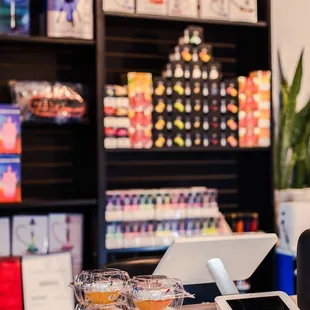 a cash counter with a tablet on it