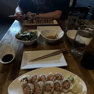 Spicy crab roll Blu roll Miso soup Garlic edamame