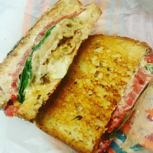 Fried Green Tomato Panini - 9 grain bread, blue cheese mayo, provolone, fried green tomatoes, farm fresh red tomato, spinach!