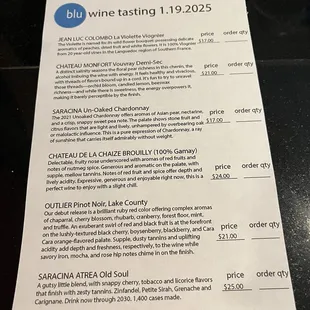 Wine tasting menu 1/19/2025