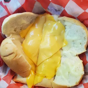 a hot dog with cheese on a bun
