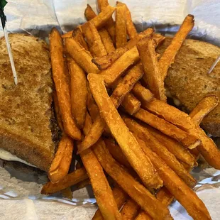 Patty Melt with huge order of Sweet Potato fries. Yummmy