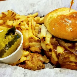 French Onion Burger, Waffle Fries (side of pickles)