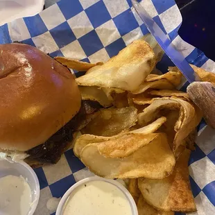 Brisket sandwich and crisps