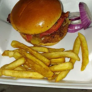 The mascot chicken sandwich and hand-cut fries