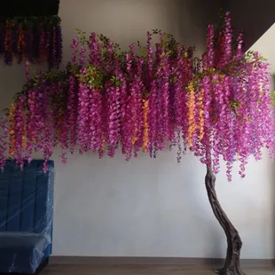 Magical purple and orange wisteria tree inside greets people on the right hand side of the entrance. Sip a reposado under it for good luck!