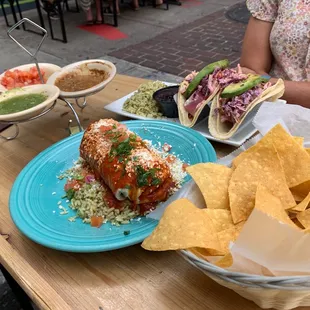 Carne Asada Burrito, Tacos Atun &amp; chips