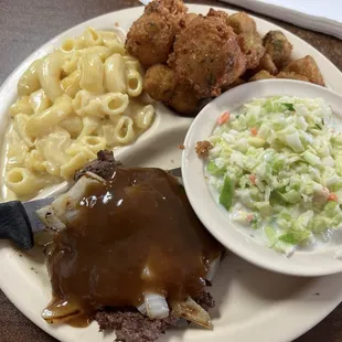 Small Hamburger steak, slaw, Mac and cheese, fried okra