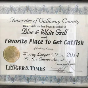 a certificate for a favorite place to get catfish