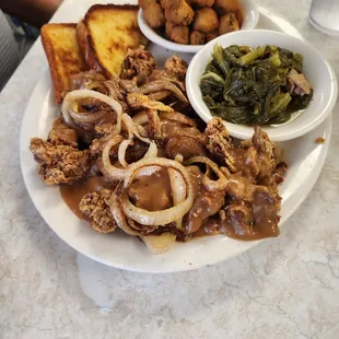Chicken Livers with fried okra and greens
