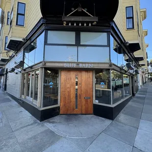 the entrance to a restaurant