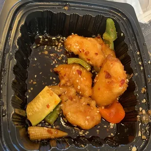 Sesame chicken, good flavor and still had a good crush with how fast it got here!