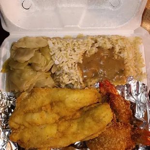 Fried Whiting Platter. The platter came with (3 Whiting, 3 Jumbo Shrimps, Cabbage, &amp; Brown Rice with gravy)