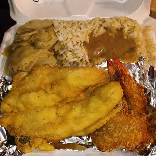 Fried Whiting Platter. The platter came with (3 Whiting, 3 Jumbo Shrimps, Cabbage, &amp; Brown Rice with gravy)