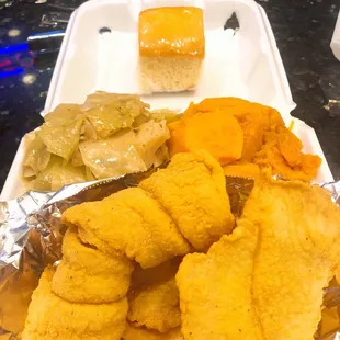 Fried Flounder Platter with Cabbage Candy Yam &amp; Corn Bread