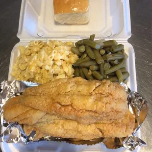 Fresh Fries Whiting  Platters With Collard Green &amp; Macaroni and Cheese. Corn Bread,