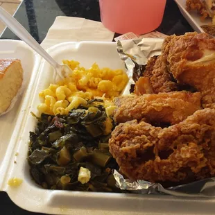 The fried chicken, mac and cheese and greens