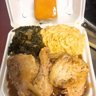 Baked chicken Platters with collard green, macaroni cheese, rice gravy &amp; corn bread !!!