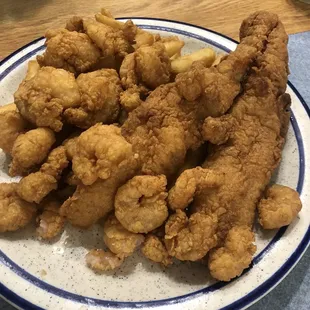 Fried flounder, fried shrimp, and fries