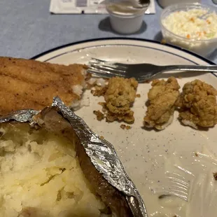 Small plate:  salt &amp; pepper catfish fillet &amp; fried oysters w baked potato &amp; slaw