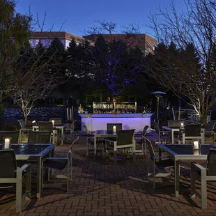 Blue Birch patio at night time.