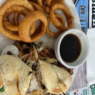 The Grande Burger, sautéed onions &amp; mushrooms w/ cheese &amp; burger patty on a hoagie w/ Aujus &amp; onion rings