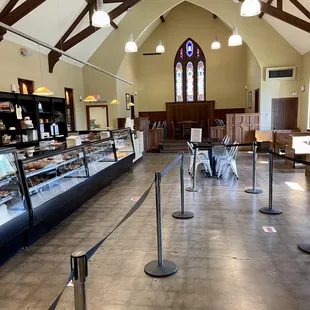 the interior of a bakery