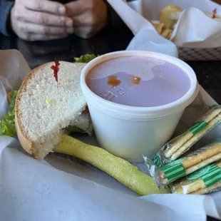 Chicken salad sandwich with a side of vegetable soup