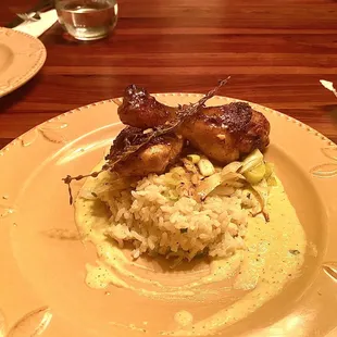 Lemon garlic roasted chicken, with sliced asparagus, leeks and a corn purée.